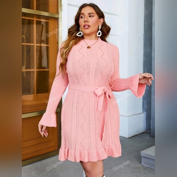 SHEIN Curve | Simplee Mock Neck Ruffle Hem Sweater Dress | Pink | 1XL | NWOT - Picture 6 of 11